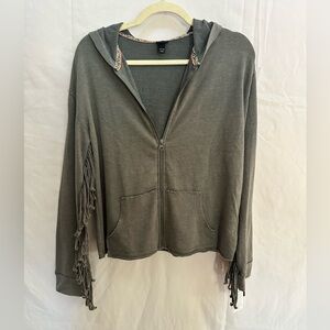Art Class Grey Hoodie Fringe Sleeve Zip Front Sweatshirt Gurls XL (14/16)
